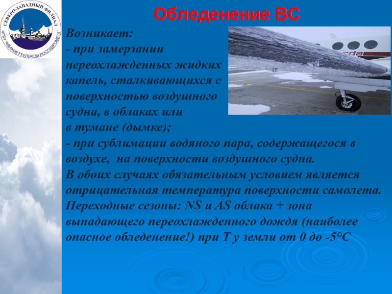 Обледенение ВС Возникает: - при замерзании  переохлажденных жидких капель, сталкивающихся с  поверхностью